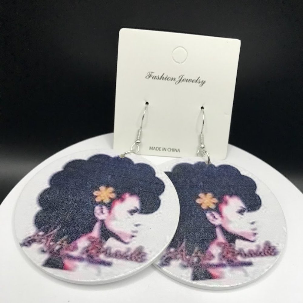 NWT Wooden Exquisite African Beauty Print Round Dangle Earrings Bohemian